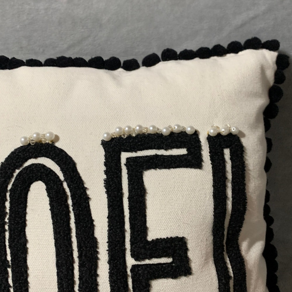 Holiday Noel Pillow Black White Pom Pom Pearl Embellished Throw Pillow Christmas - Picture 3 of 12